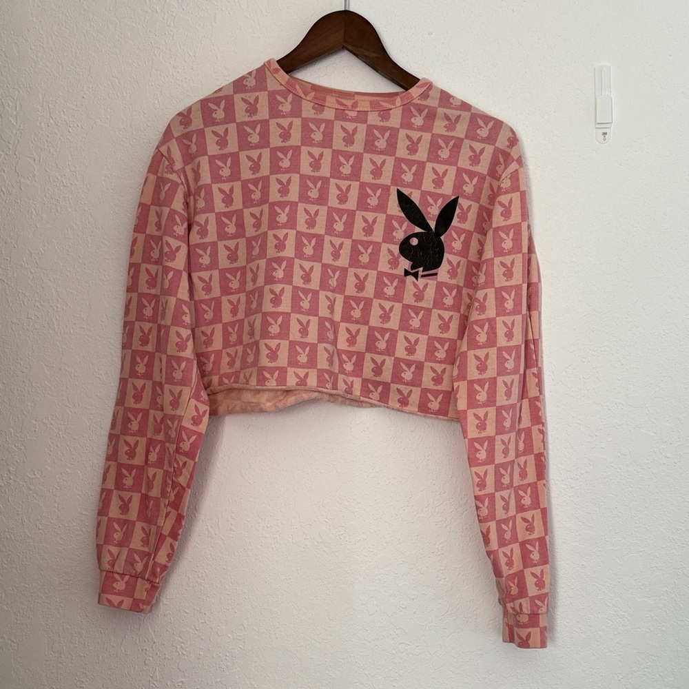 Playboy Pink Two-Tone Checkered Logo Long Sleeve Crop Top Sweatshirt Style Size